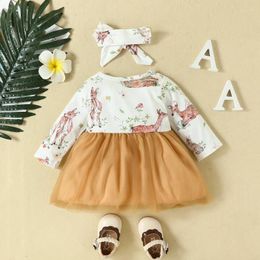 Girl Dresses Baby Girls 2Pcs Fall Outfits Long Sleeve Round Neck Deer Print Tulle Dress With Headband Set Infant Clothes