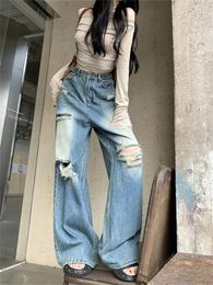 Women's Jeans Retro Washed Distressed Thin Street Style Baggy Bottoms Vintage Young Girl Casual Trousers Female Wide Leg Pants