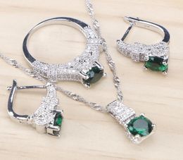 Bridal 925 Sterling Silver Jewelry Sets Green Zirconia Stone Earrings For Women Wedding Jewelry With Ring Pendant Necklace Set C095696237