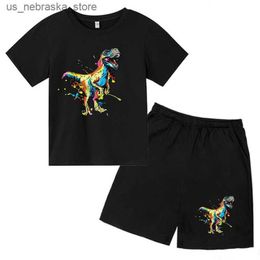 T-shirts Walking in the Sky 2024 New Graffiti Art Series Childrens T-shirt Full Colour Dinosaur Pattern Design Printing Boys and Girls T-shirt Set Q240418