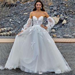 Off The Shoulder Beach Wedding Dresses Puff Sleeve Backless For Women Brides Appliques Floor Length Princess Robe De Mari E