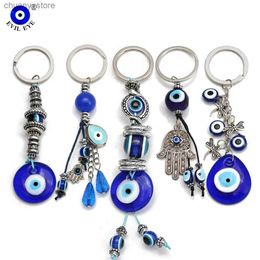 Keychains Lanyards EVIL EYE Glass Blue Evil Eye Keychain Alloy Fatima Hand Butterfly Pendant Tassel Car Keyring for Women Men Fashion Jewelry EY06 Y240417