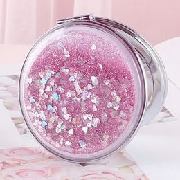 2024 Shiny Quicksand Makeup Mirror Portable Magnifying Hand Square Makeup Standing Vanity Foldable Pocket Mirror Cute Compact Girls for