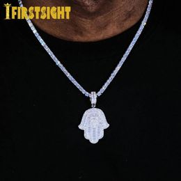 Hamsa Hand Pendant Necklace 5mm Tennis Chain Hip Hop Iced Out Cubic Zirconia Sliver Colour 5A CZ Stone Charm Jewellery 240409