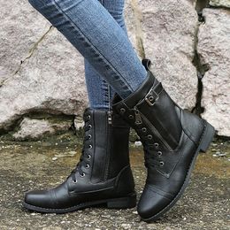 Plus Size Retro Women Western Boots Punk Lace Up Buckle Motorcycle Boots Zipper Mid Calf Boots Ladies Short Botas 240408