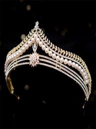 Baroque Retro Gold Crystal Pearl Bridal Tiaras Crown Geometric Pageant Diadem Bride Headband Wedding Hair Accessories 2202171877434