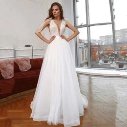 A Line Wedding Dresses Romantic Tulle V Neck Sexy Boho Garden Bridal Gowns Sweep Backless Reception Bride Robes de Mariee YD