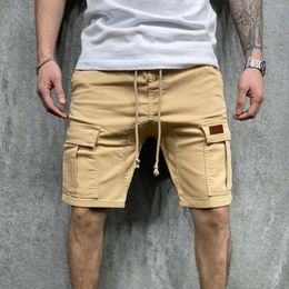 Men's Shorts Summer Leisure Solid Cargo Multi Pockets Joggers Mens Drawstring Knee Length Loose