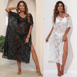 Beach Bikini Blouse Seaside Vacation Womens Irregular Lace Shirt Sexy See Through Dress