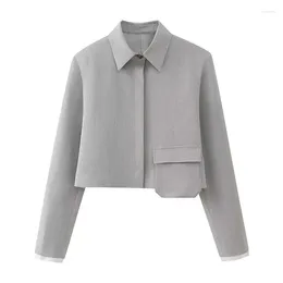 Women's Jackets YENKYE 2024 Women Grey Patch Pocket Cropped Jacket Long Sleeve Lapel Collar Female High Street Short Coat