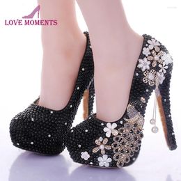 Dress Shoes Arrival Black Pearl Bridal Crystal Peacock Tassel High-heeled Platform Gorgeous Formal Wedding