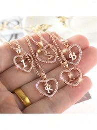 Chains 1pc Heart Shaped Pendant Necklace Inlaid With Gemstone & Letter Detail Valentine's Day Gift Valentines Gifts For Kids