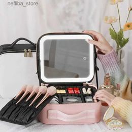 Cosmetic Bags Makeup Bag With Led Mirror Pu Leather Travel Cosmetic Case For Women Led Makeup Box With Mirror Light Makeup Storage Bags L410