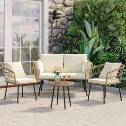 Camp Furniture Outdoor Sofa Set 4 With Loveseat Chairs Table Soft Cushions All-Weather Rattan Conversation Garden Sets