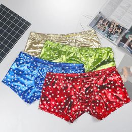 Underpants 4Pcs Men's Underwear Star Printed Boxers Sexy Faux Leather Fashion Shorts Underpanties Tight Boy Satin Shinning