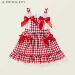 Girl's Dresses 2-8T Summer Chequered Girl Dress Baby Ruffle Bow Sun Dress Preschool Baby Girl Dress Sleeveless Backless Princess Dress Q240418