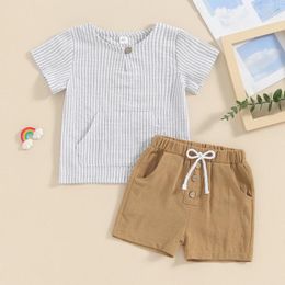 Clothing Sets Summer Casual Baby Boy Clothes Set Two Pieces Kids Outfits Short Sleeve Striped Print T-Shirt Button Shorts Toddler Suit