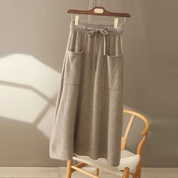 Autumn And Winter100% Pure Wool Skirt Womens Long Pocket Small A Skirt High Waist Slim Cashmere Knit A-Line Skirt 240407