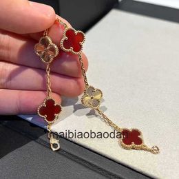 Designer 1to1 Bangle Luxury Jewelry Fanjia Star Same Style Leaf Grass Red Jade Marrow Laser Five Flower Bracelet S925 Pure Silver Luxury and Luxury Gift