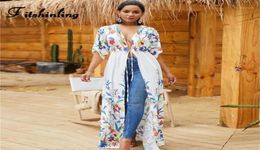 Fitshinling Print floral beach coverup swimwear holiday bohemian slim sexy white long kimono cardigan summer bikini outer cover1805915632