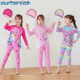 One-Pieces Childrens diving suit long sleeved surfing suit Rainbow Star diving snorkeling swimming jumpsuit with hat swimming suit Q240418