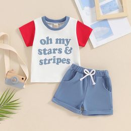 Clothing Sets Suefunskry Boy Independence Day Shorts Set Letter Print Short Sleeve T-Shirt With Solid Colour 2Pcs Toddler Outfit