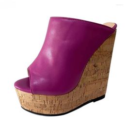 Slippers 2024 Women Platform Mules Sexy Wedges High Heel Open Toe Gorgeous Fuchsia Party Shoes US Plus Size 5-20
