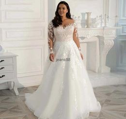 Plus Size Wedding Dress Elegant Long Sleeves Lace Bride Dress 2024 Tulle Applique Sweep Train A-Line robe de mariee Bridal Gowns 0308