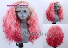 natural water curly wave wig synthetic blonde 613 ombre pink red color hair lace front wig pale color lace front wigs for women4928981