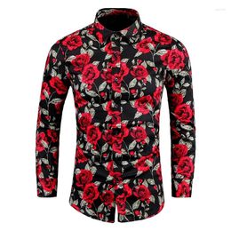 Men's Casual Shirts Rose Shirt Black / White Fashion Men Wedding Dance Party Dress Flower