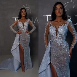 Luxury A Line Evening Dress V Neck Portrait Long Sleeve Sequined Applique Gown Side Split Detachable Hem Robes De Soiree Sweep Train