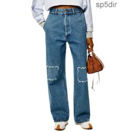 Designer Jeans Womens Arrivals High Waist Hollowed Out Patch Embroidered Logo Decoration Casual Blue Straight Denim Pants LV9R