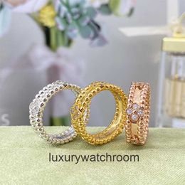 High End jewelry rings for vancleff womens Handmade diamond studded four leaf lucky pattern point Beaded kaleidoscope patch embossed ring Original 1:1 With Real Logo