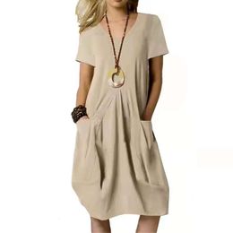 2024 New Women's Pocket Loose Mid Length Short Sleeved Dress F41735