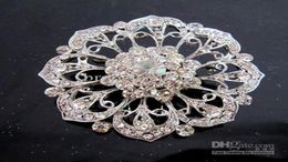 VintageRhodium Silver Plated Clear Rhinestone Crystal Big Flower Brooch for wedding2025145