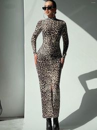 Casual Dresses Ahagaga Fashion Style Fashionable Leopard Print Tight Long Sleeve Bodycon Dress Sexy Pleated Belly Covering Hip Bottoming