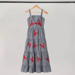 Casual Dresses Loose Cut Pleated Midi Dress Women Embroidered Stylish Lobster Plaid For A-line Vacation