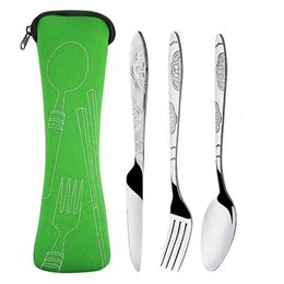 3Pcs/set Stainless Steel Dinner Set Portable Travel Camping Cutlery Tableware Set Dinnerware Case Flatware Kit with Cloth Bag