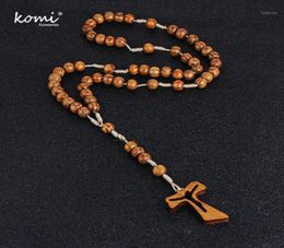 Pendant Necklaces Komi Catholic Christ Orthodox Wooden Beads Hollow Necklace For Women Men Religious Jesus Rosary Jewellery Gift R-00414390030