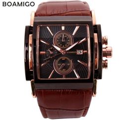 Boamigo Men Quartz Watches Large Dial Fashion Casual Sports Watches Rose Gold Sub Dials Clock Brown Leather Male Wrist Watches Y193676903