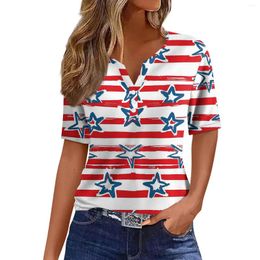 Women's T Shirts Casual Independence Day Printed V-Neck Short Sleeve Embellished Button-Shirtop Youthful Woman Clothes Female Clothing