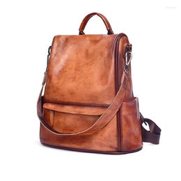 School Bags A4 Highend Vintage Coffee Brown Black Vegetable Tanned Genuine Leather Women's Backpack Cowhide Female Shoulder Bag M3002