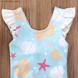 One-Pieces Newborns infants and childrens swimsuits with bow pleats seashells starfish prints and summer baby bathing suits Q240418