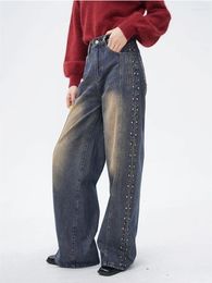 Women's Jeans Rivet Design American Y2k Vintage Street Casual Distressed Denim Trousers Female High Waist Straight Pants