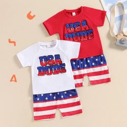 Clothing Sets 2024-03-12 Lioraitiin Toddler Boys Independence Day Outfits Letter Embroidery T-Shirt And Elastic Star Stripe Shorts Clothes