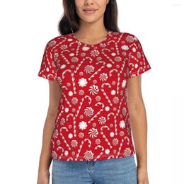 Women's T Shirts Candy Cane Print T-Shirts Whimsical Christmas Fashion O Neck Shirt Short-Sleeve Trendy Oversized Tees Summer Clothing Gift