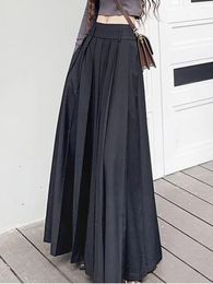 Skirts Vintage Pleated Long Skirt With Pocket Women Solid Fashion Zipper High Waist A-line Umbrella Elegant Maxi Streetwear