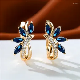 Backs Earrings Cute Female Blue Green Stone Clip Charm Gold Color White Zircon Wedding Jewelry For Women