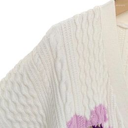 Women's Knits 2024 Women Sweater Purple Floral Jacquard Cardigan Autumn Winter V-Neck Buttons Sweet Chic Stunning Fashion Design Trendy M