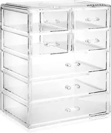 Storage Boxes Acrylic Cosmetic Makeup Organiser & Jewellery Display Case 3 Large 4 Small Drawer Set - Clear